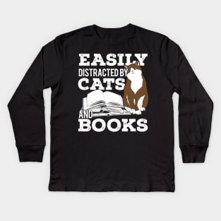 Easily Distracted By Cats And Books Kids Long Sleeve T-Shirt